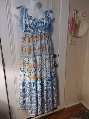 Light Blue Floral Tiered Maxi Dress with Tie Straps